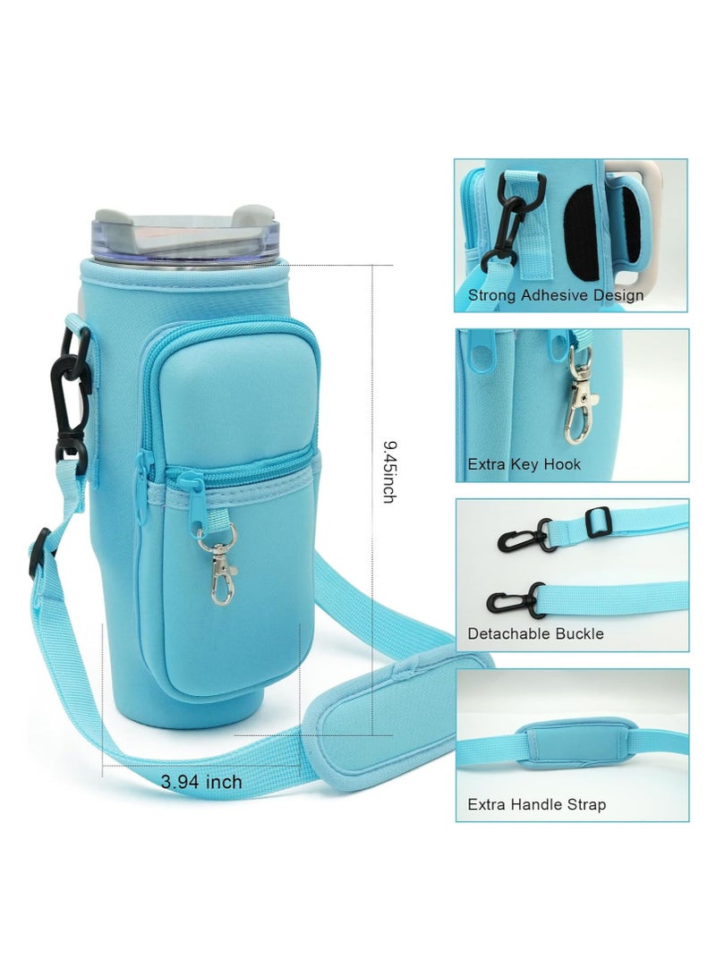 Flushrenic Water Bottle Carrier Bag,for 42oz Tumbler with Phone Pocket,Holder Pouch with Adjustable Strap,for Hiking Travelling Camping(Light Blue)  - Image 2