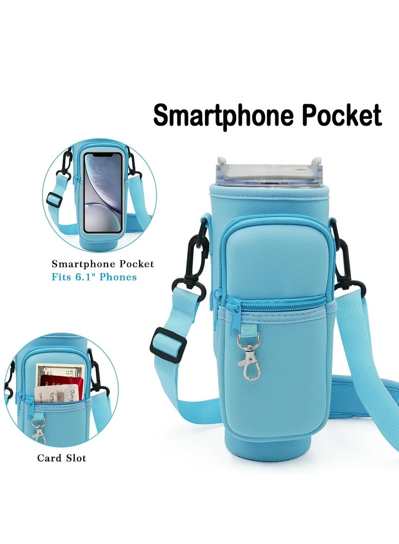 Flushrenic Water Bottle Carrier Bag,for 42oz Tumbler with Phone Pocket,Holder Pouch with Adjustable Strap,for Hiking Travelling Camping(Light Blue)  - Image 3