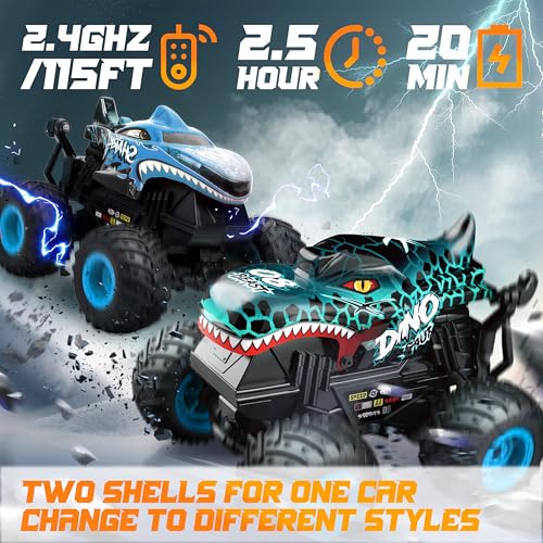 BEZGAR Monster Truck Toys Remote Control Monster Trucks with Light Music Dinosaur Toys for Kids 120 Scale RC Truck with 360 Spins and Drifting Remote Control Car for Boys with Two Car Shells - Image 5
