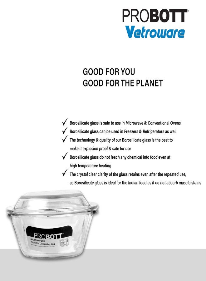Probott Vetroware Borosilicate 1000ml Glass Casserole 1Ltr With Lid, Transparent | Dinner, Sabzi Bhaji, Dal, Roti Chapati, Rice, Curry Serving Bowl | Oven, Microwave, Dishwasher and Freezer Safe - Image 4