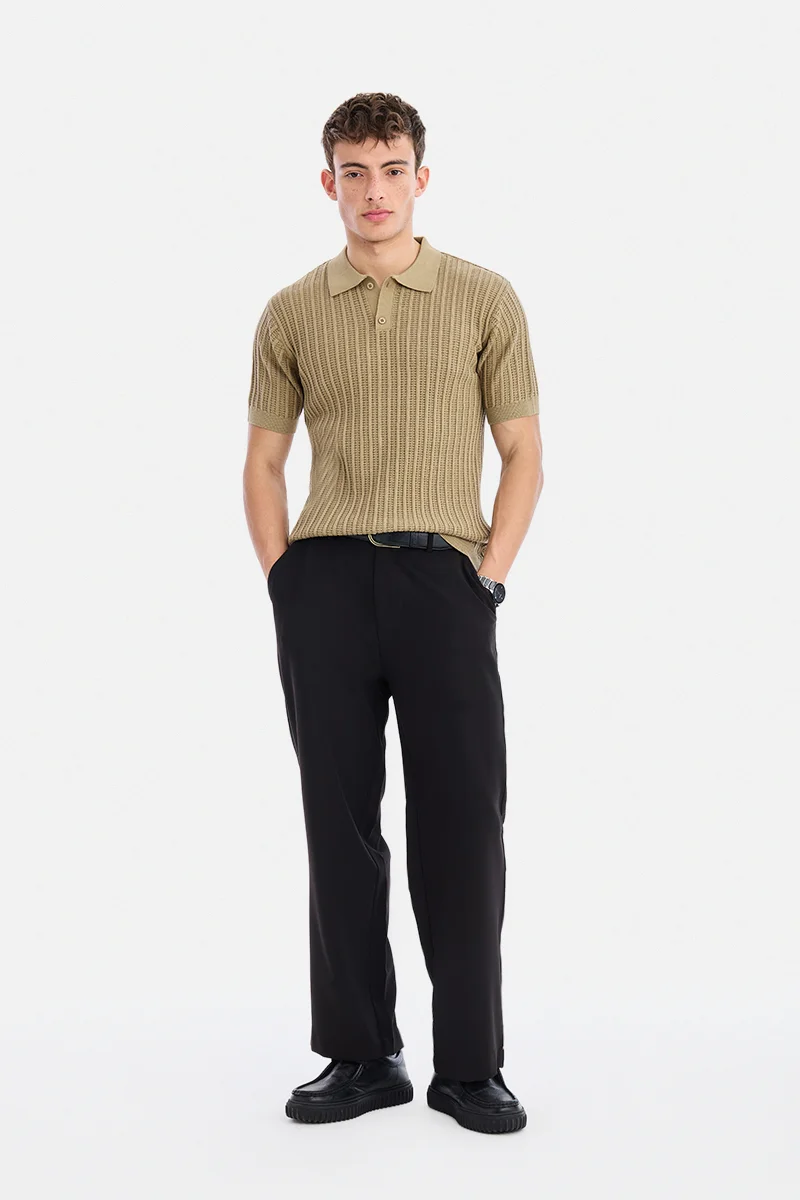 SNITCH Khaki Textured Half Sleeve Regular Fit Casual T-Shirt