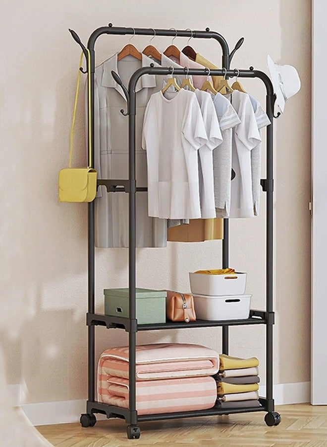 قائما بذاته المعادن مزدوجة القطب شماعات ملابس عمودية مع عجلات وأسفل تخزين الرف - المحمولة متعددة الأغراض معطف الرف لغرفة النوم ، منظمة غرفة المعيشة - Image 1