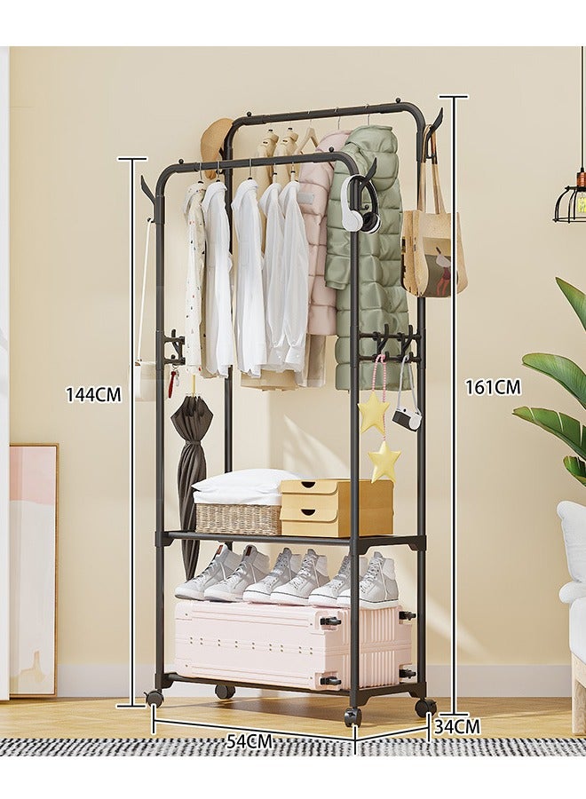 قائما بذاته المعادن مزدوجة القطب شماعات ملابس عمودية مع عجلات وأسفل تخزين الرف - المحمولة متعددة الأغراض معطف الرف لغرفة النوم ، منظمة غرفة المعيشة - Image 5