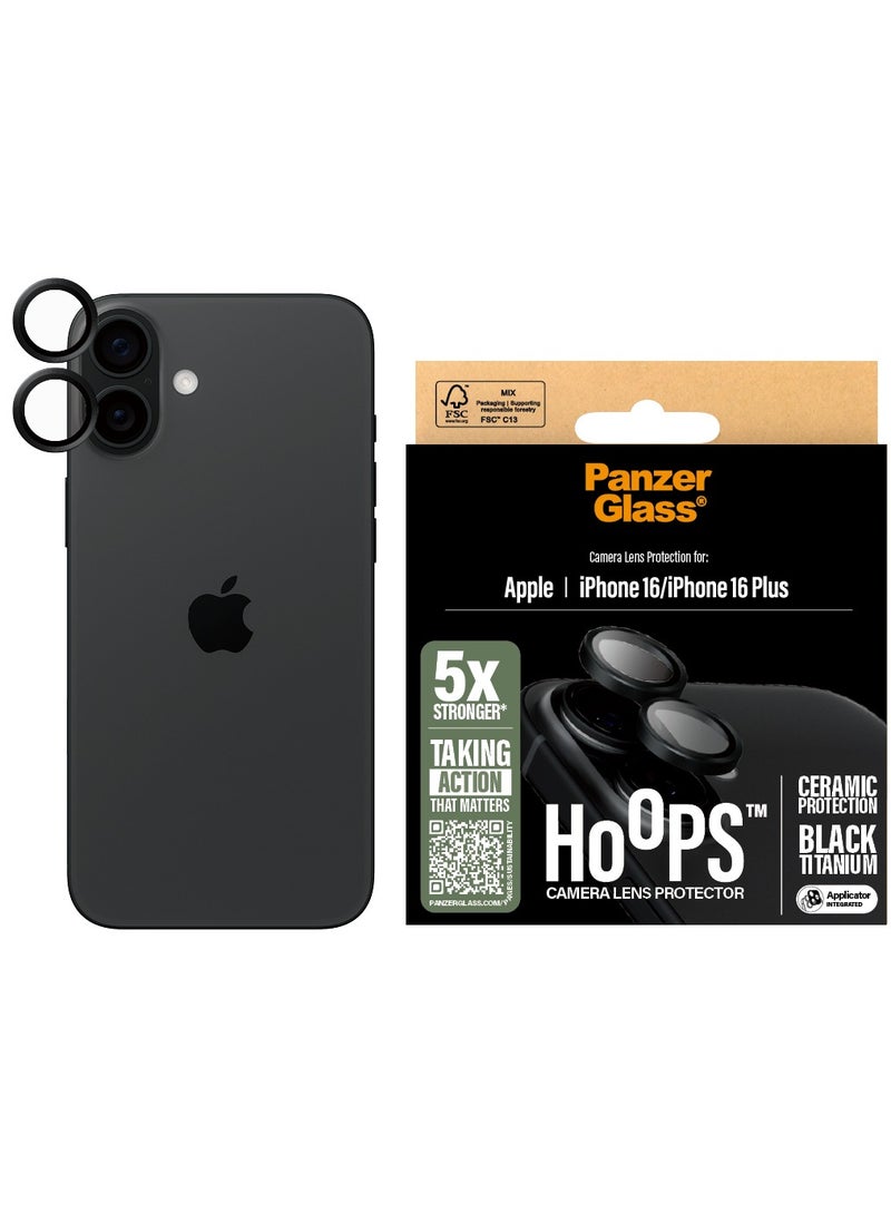 PanzerGlass® Hoops Camera Lens Protector for Apple iPhone 16 | 16 Plus Ceramic Glass - Protection with Style, Scratch-Resistant, Shock-Resistant, Black Aluminum Frame - with mounting aid for easy installation - Image 1