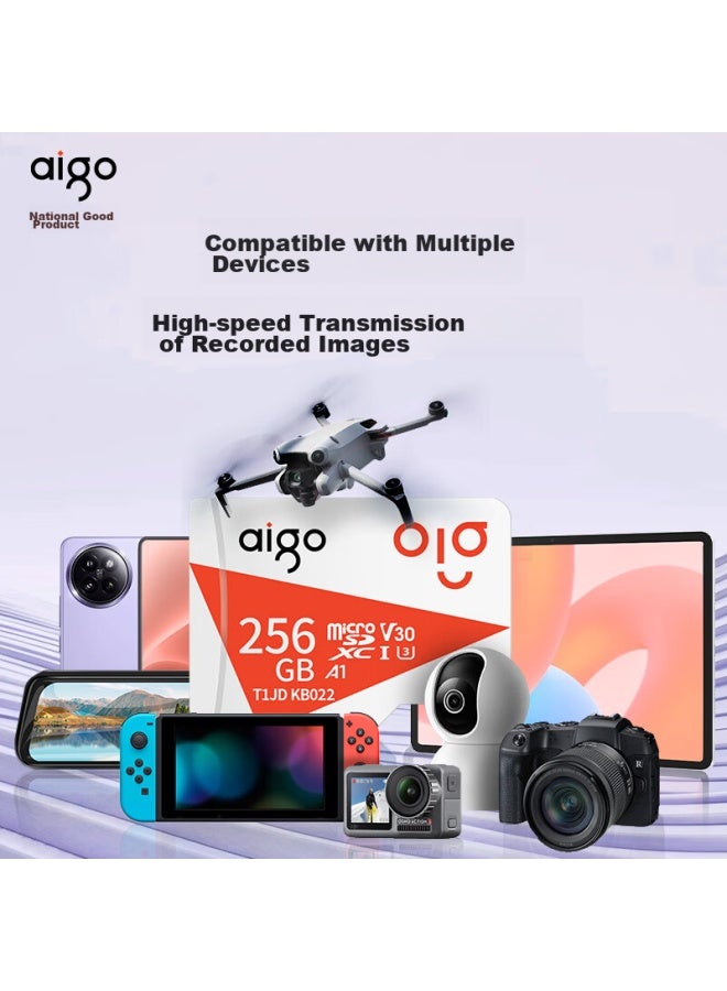 Aigo 256gb Tf Memory Card, U3 A1 V30 4k Memory Card, Storage For Cameras, Dash Cams, And Surveillance Cameras, T1jd Read Speed 100mb/s - Image 1