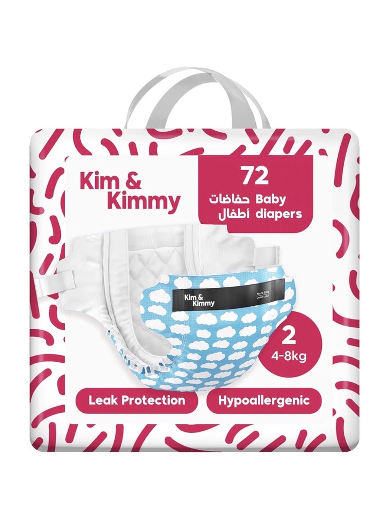 Kim & Kimmy Eco Diapers, Size 2, 4-8 kg, 72 Diapers - 12 Hour Leak Protection, No Rashes, Hypoallergenic, Ultra-Soft & Highly Absorbent - Cruelty Free & Vegan - Little Clouds - Image 1