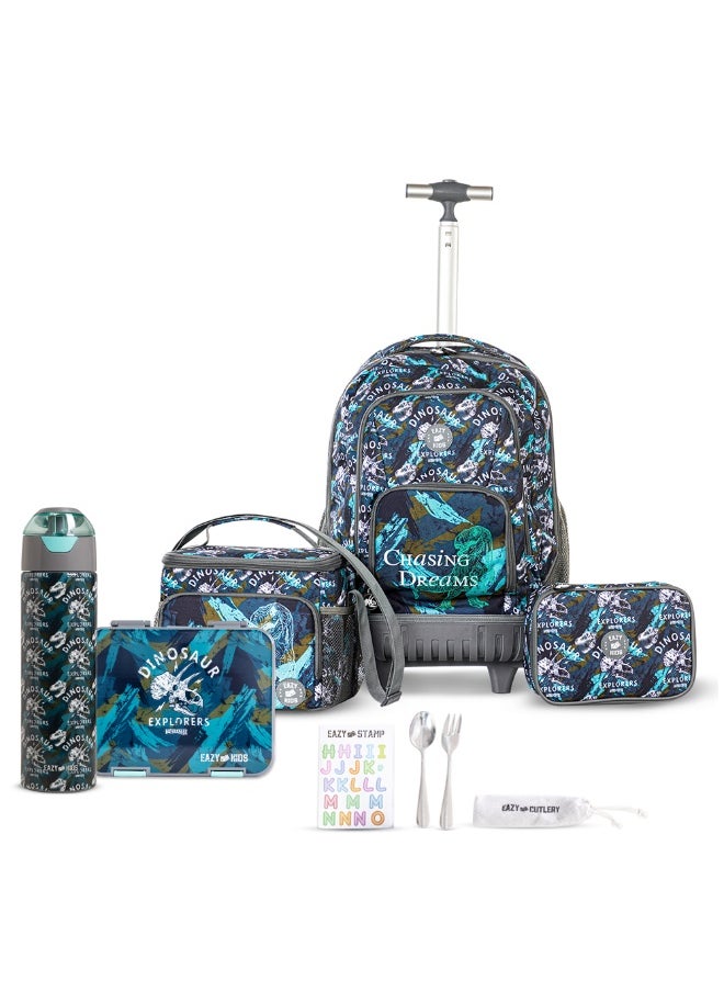 Eazy Kids Eazy Kids 18" Set of 5 Trolley Backpack w/ Water Bottle, Lunch Box, Lunch Bag and Pencil Case-T Rex  - Image 1