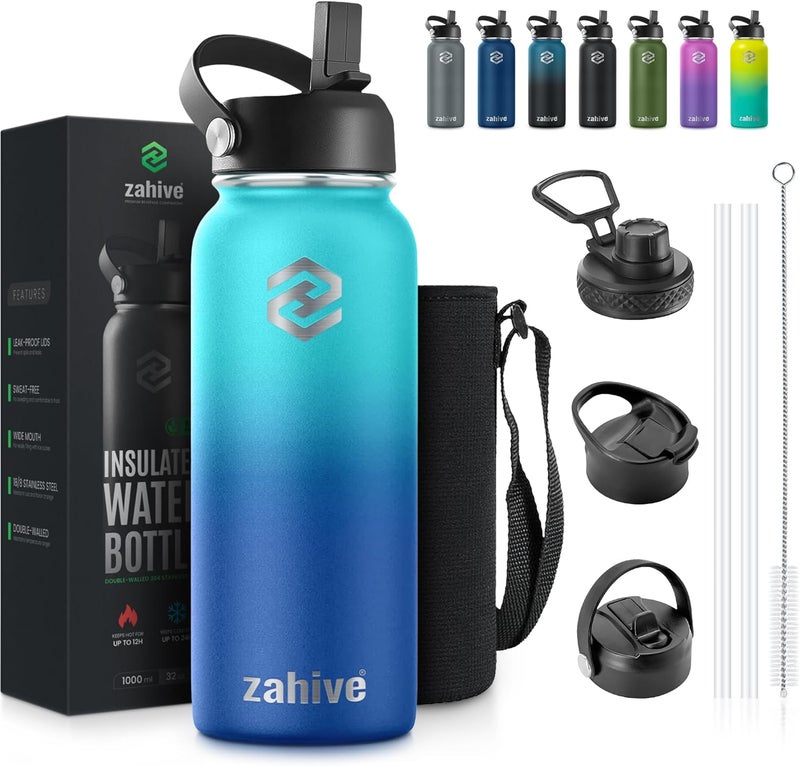 زاهايف زجاجة مياه زاهيف المعزولة سعة 1 لتر مع 3 أغطية وحقيبة - زجاجة مياه من الفولاذ المقاوم للصدأ مع مصاصة - قارورة مزدوجة الجدران سعة 1000 مل للصالة الرياضية والسفر والمشروبات الساخنة والباردة - مانعة للتسرب (1 لتر، أزرق محيطي) - Image 1