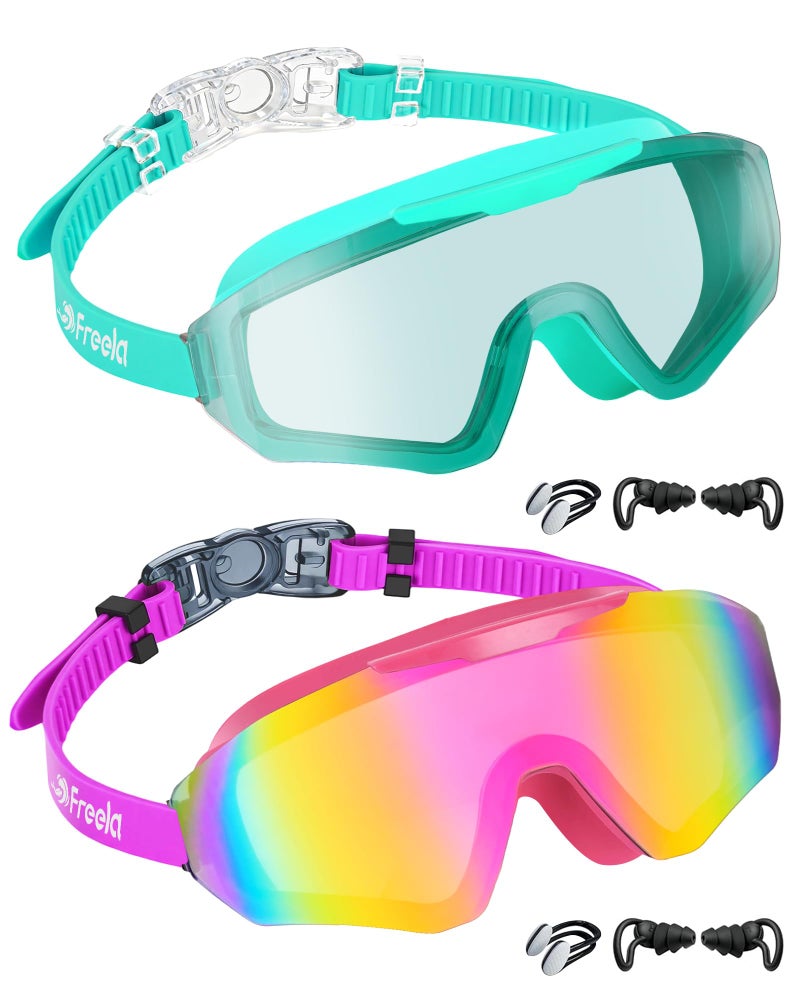 Freela 2 Pack Kids Swim Goggles for 6-14 8-12 8-14 4-7, Water Pool Swimming Goggles 180Â° Wide View Anti-Fog UV Protection, Soft Silicone Layer Waterproof No Leak Glasses for Teens Youth Boys Girls - Image 1