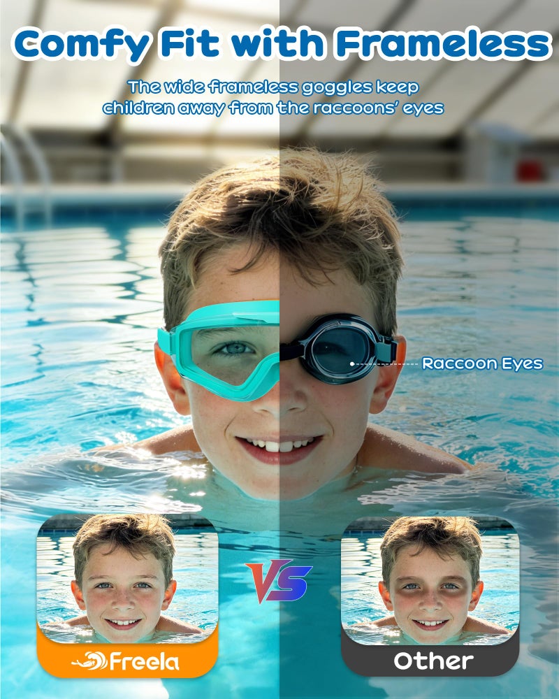 Freela 2 Pack Kids Swim Goggles for 6-14 8-12 8-14 4-7, Water Pool Swimming Goggles 180Â° Wide View Anti-Fog UV Protection, Soft Silicone Layer Waterproof No Leak Glasses for Teens Youth Boys Girls - Image 2