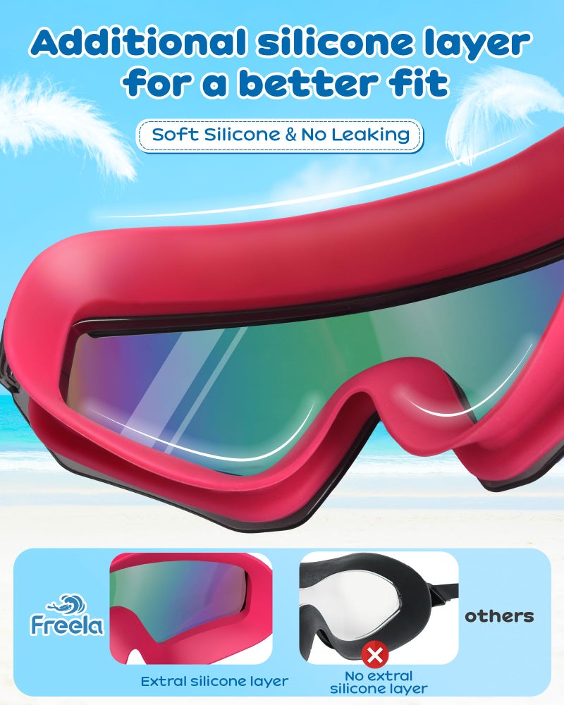 Freela 2 Pack Kids Swim Goggles for 6-14 8-12 8-14 4-7, Water Pool Swimming Goggles 180Â° Wide View Anti-Fog UV Protection, Soft Silicone Layer Waterproof No Leak Glasses for Teens Youth Boys Girls - Image 3