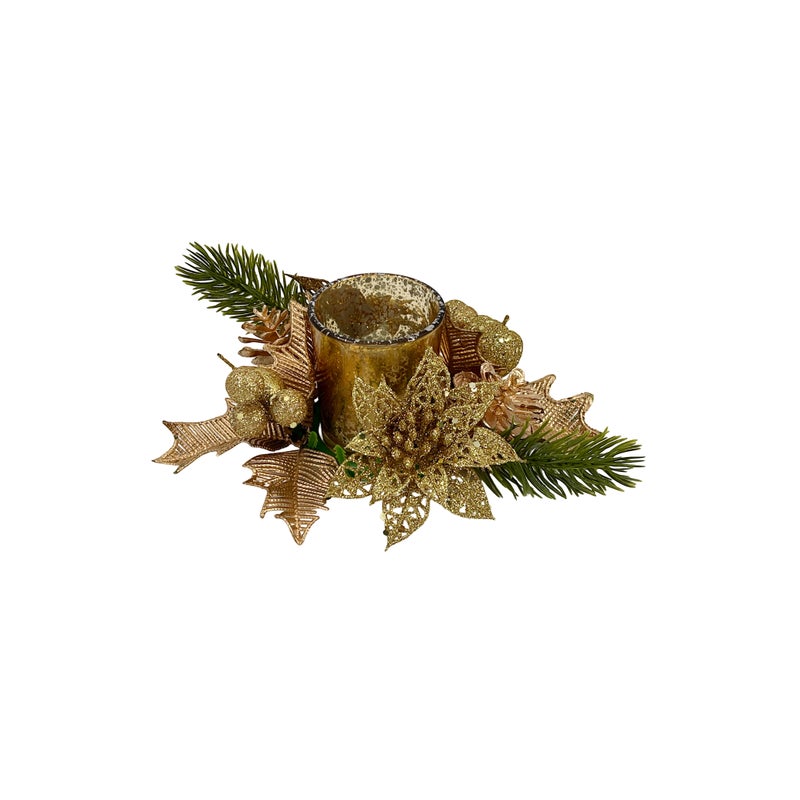 CHRISTMAS MAGIC Decorated Glass Candle Holder Gold 15cm - Image 1