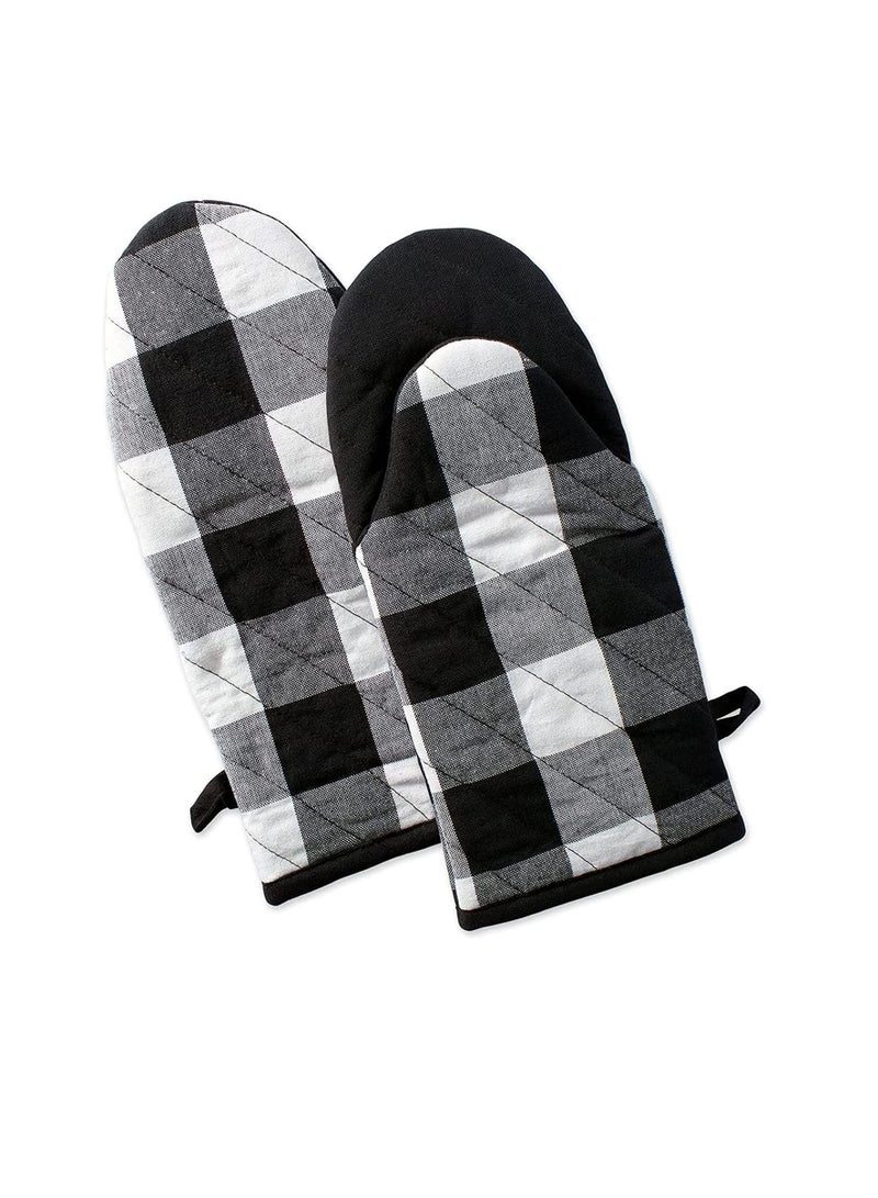 Y&D Heat Resistant Kitchen Oven Mitts, Gloves, Quilted Cotton Lining, Baking Gloves 1 Pair (Plaid, Black and White) - Image 1