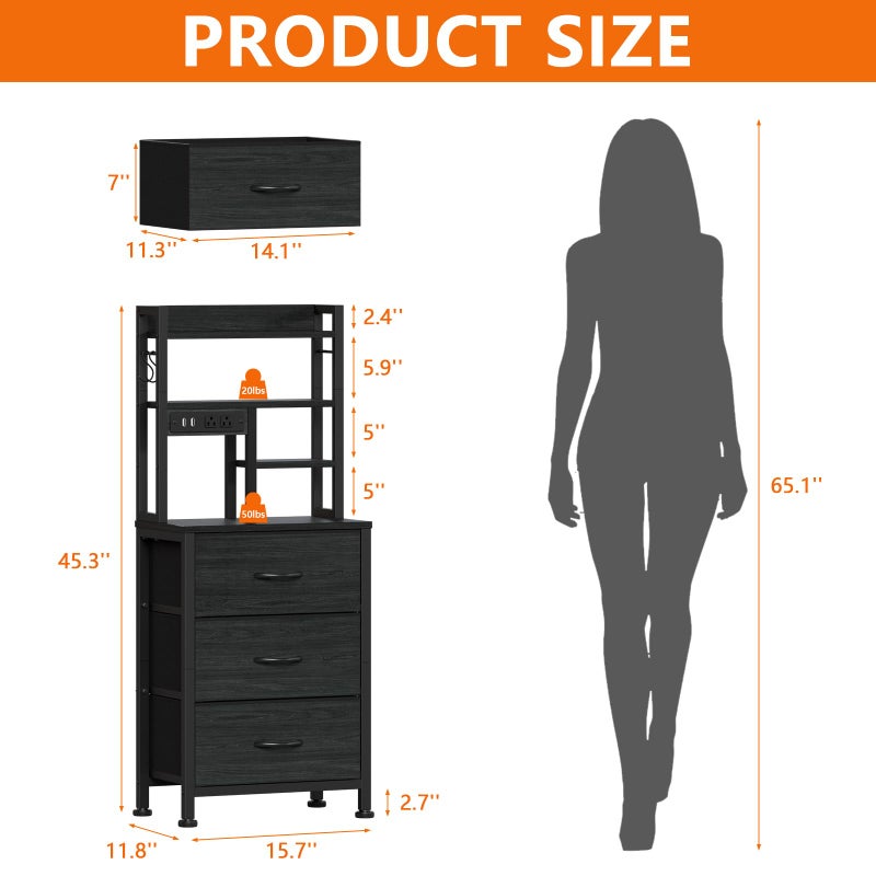 Furnulem Tall Night Stand with 3 Fabric Drawers and LED Lights, Nightstand with Bookshelf, 45.3inch Tall Bedside Tables with USB Ports in Bedroom, Dorm, Office,Metal Frame, Wood Shelves (Black Oak) - Image 2