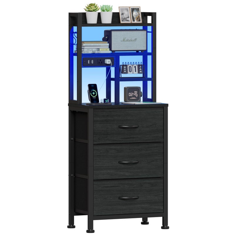 Furnulem Tall Night Stand with 3 Fabric Drawers and LED Lights, Nightstand with Bookshelf, 45.3inch Tall Bedside Tables with USB Ports in Bedroom, Dorm, Office,Metal Frame, Wood Shelves (Black Oak) - Image 1
