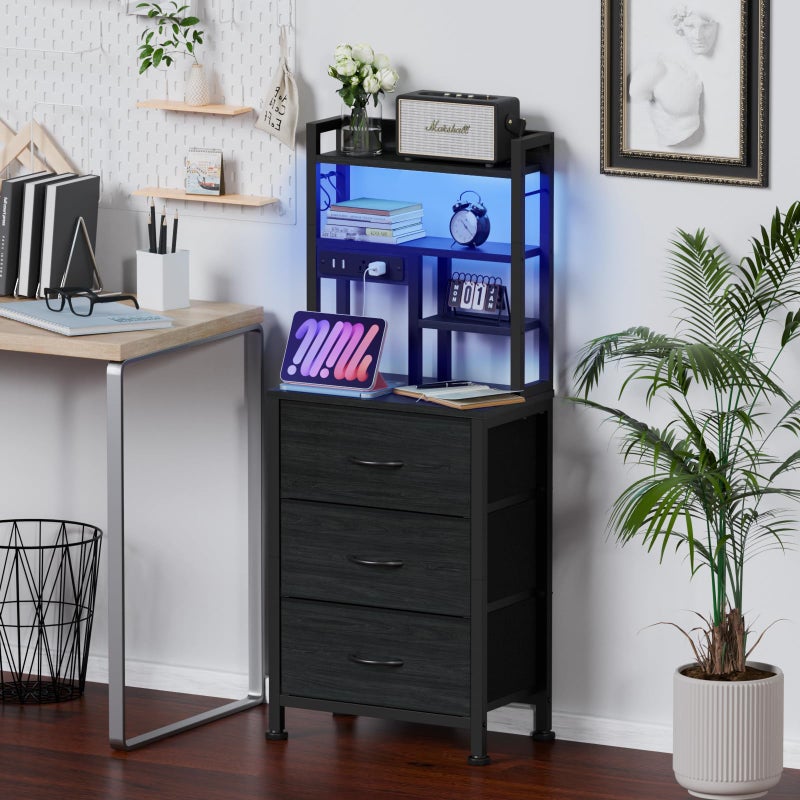 Furnulem Tall Night Stand with 3 Fabric Drawers and LED Lights, Nightstand with Bookshelf, 45.3inch Tall Bedside Tables with USB Ports in Bedroom, Dorm, Office,Metal Frame, Wood Shelves (Black Oak) - Image 3