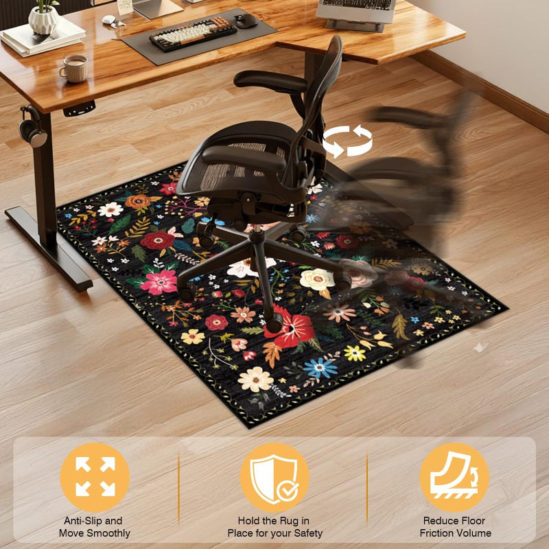 Lreedy Office Chair Mat for Hardwood Floor & Tile Floor,36"x48"Heavy Duty Desk Chair Mat for Hard Floors, Under Desk Rug for Rolling Computer Chair,Anti Slip,Low Pile Carpet Floor-Black Multicolor Flower - Image 5