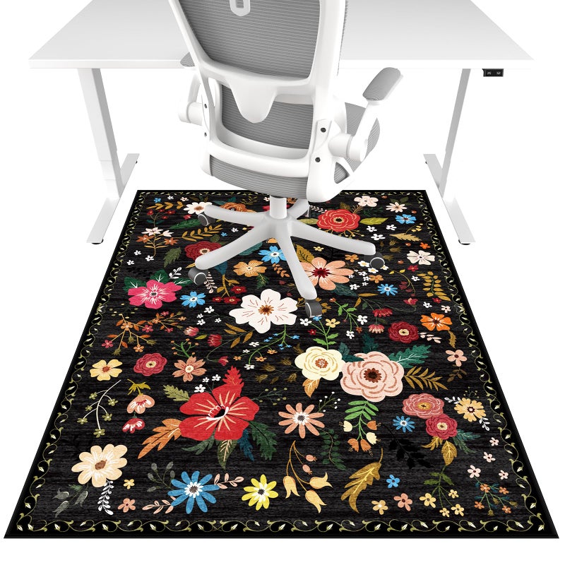 Lreedy Office Chair Mat for Hardwood Floor & Tile Floor,36"x48"Heavy Duty Desk Chair Mat for Hard Floors, Under Desk Rug for Rolling Computer Chair,Anti Slip,Low Pile Carpet Floor-Black Multicolor Flower - Image 1