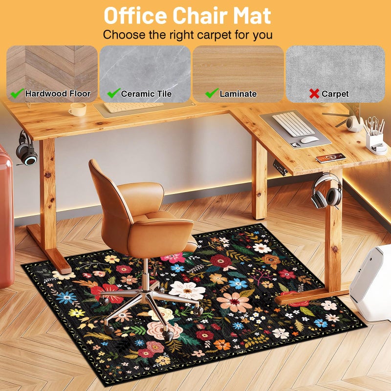 Lreedy Office Chair Mat for Hardwood Floor & Tile Floor,36"x48"Heavy Duty Desk Chair Mat for Hard Floors, Under Desk Rug for Rolling Computer Chair,Anti Slip,Low Pile Carpet Floor-Black Multicolor Flower - Image 3