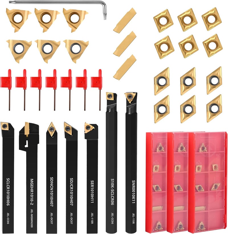 VerRich 28Pcs Kit Indexable Lathe Turning Tools,3/8"10mm Shank Boring Bar Metal Turning Tool Holder with 21pcs Carbide Inserts for Boring Cutting Grooving Turning Threading - Image 1