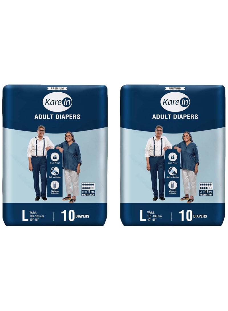 KareIn Premium Adult Diapers, Large, Waist Size , Tape Style, Unisex, High Absorbency, Leak Proof, Wetness Indicator, 10 Count (Pack of 2) - Image 1