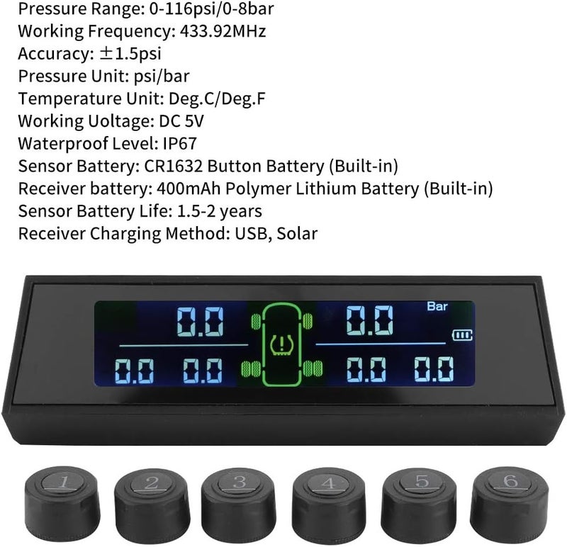 كلاراكو نظام مراقبة ضغط الإطارات، شاشة LCD عالية الدقة، نظام مراقبة ضغط الإطارات، كاشف مراقبة TPMS يعمل بالطاقة الشمسية مع 6 مستشعرات خارجية LCD للسيارات الترفيهية - Image 5