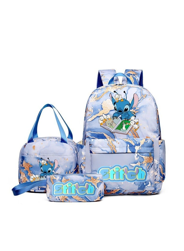 STITCH Stitch Golden Quicksand Texture Schoolbag Waterproof Primary and Secondary School Student Backpack Youth Travel Backpack 31*43*15CM + Lunch Bag 27*20*20CM + Pencil Case Three-piece Set