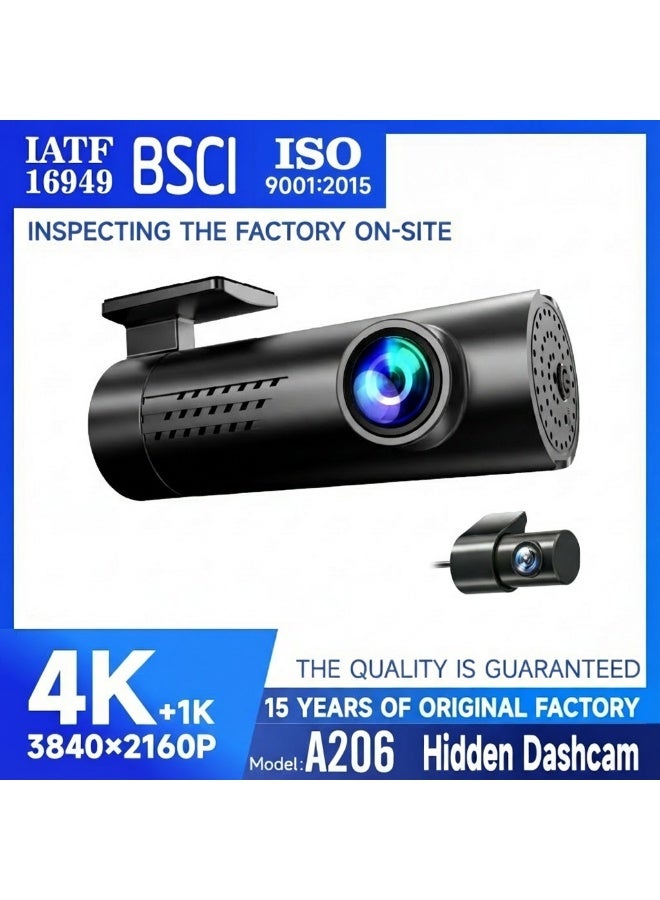 4K UHD Hidden Dash Cam with WiFi & GPS - Dual Lens Front and Rear Car Camera, Loop Recording, Night Vision, Wireless Installation & App Control - Black - Image 1