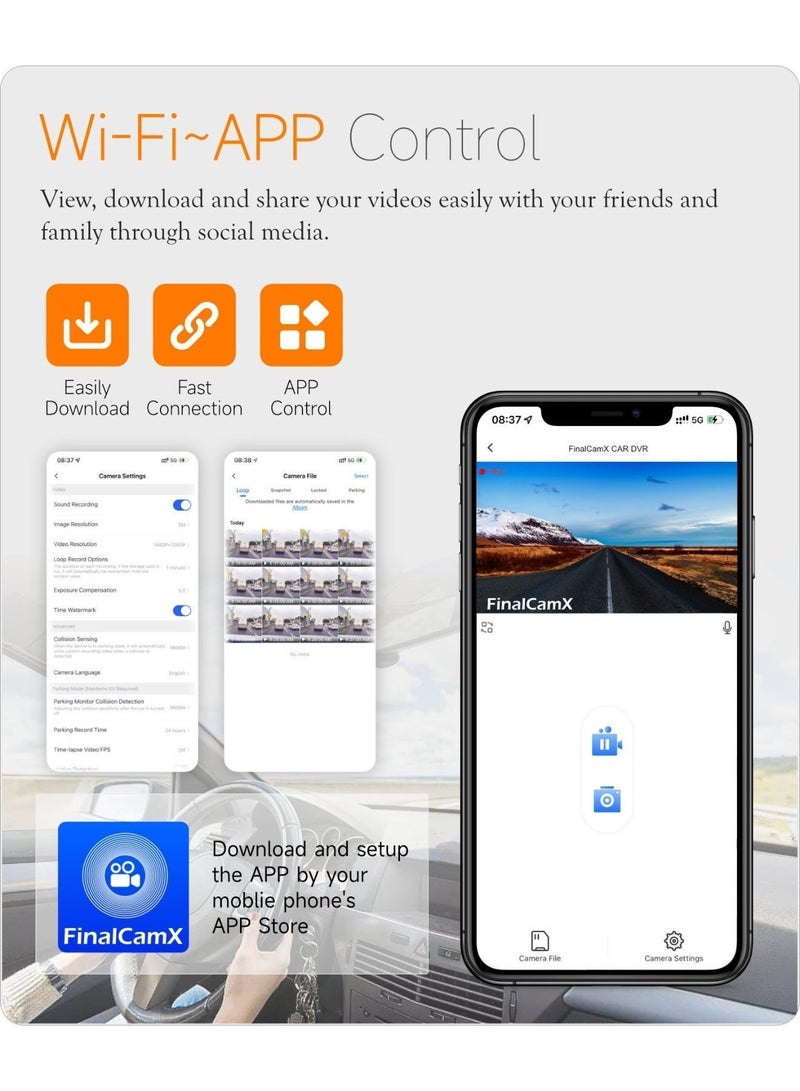 4K UHD Hidden Dash Cam with WiFi & GPS - Dual Lens Front and Rear Car Camera, Loop Recording, Night Vision, Wireless Installation & App Control - Black - Image 5