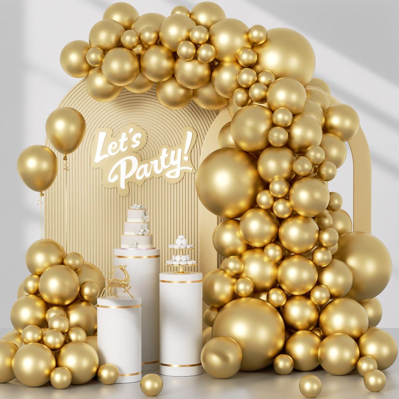 Awenztech 120pcs Metallic Gold Balloon Arch Kit 18 12 10 5 inch Chrome Gold Latex Balloons Different Sizes Metallic Gold Balloon Garland for Graduation Engagement Wedding Birthday Party Decorations