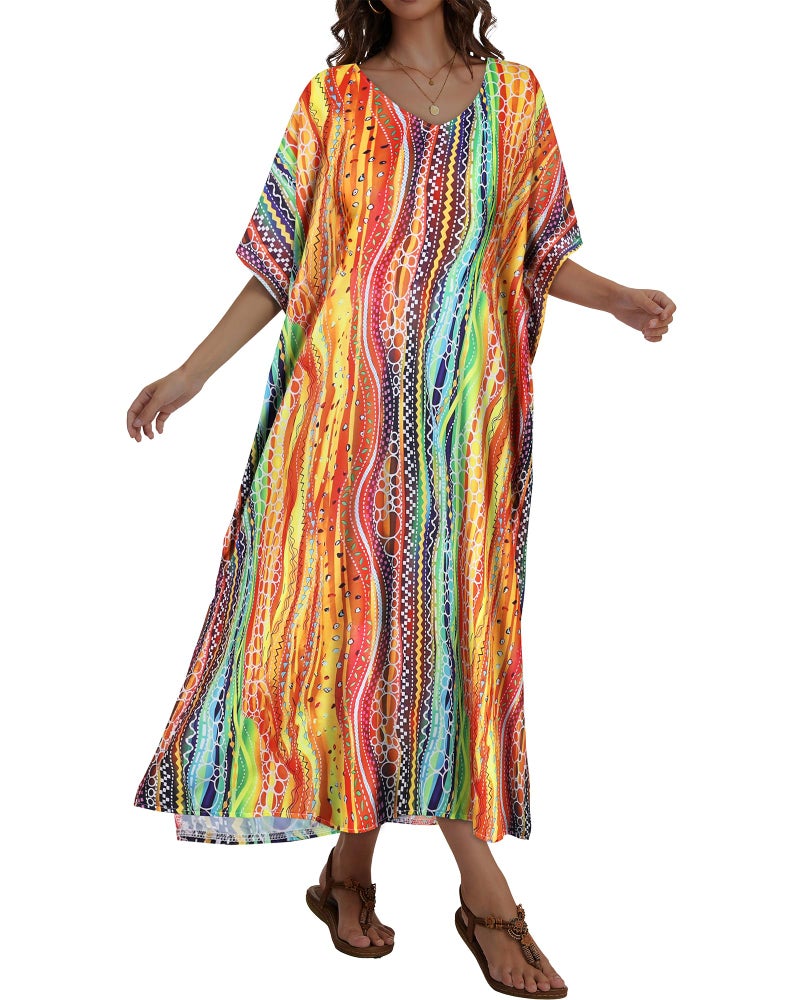 JILUVIN Kaftan Dresses for Women Plus Size V Neck Caftan Long Batwing Sleeve Swimsuit Cover Up Beach Swimwear (Colorful Circular Stripes,One Size) - Image 4