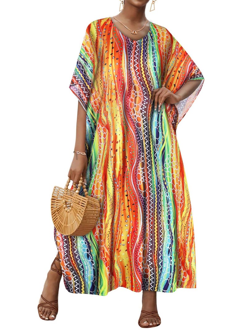 JILUVIN Kaftan Dresses for Women Plus Size V Neck Caftan Long Batwing Sleeve Swimsuit Cover Up Beach Swimwear (Colorful Circular Stripes,One Size) - Image 1