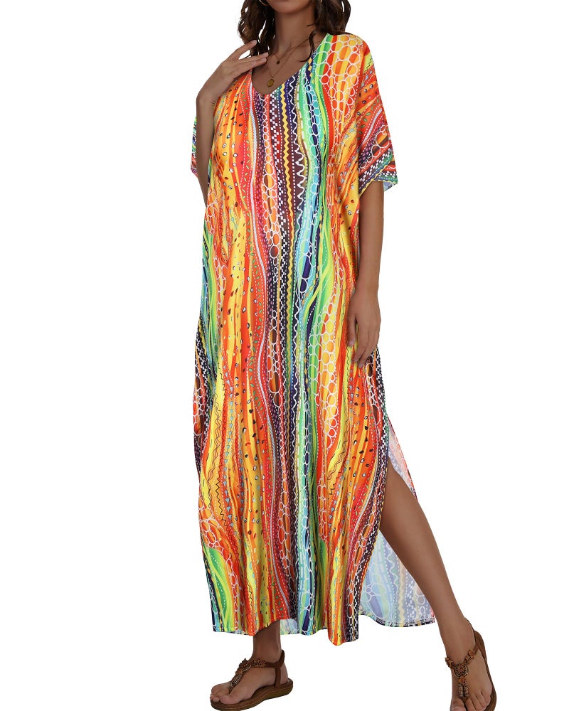 JILUVIN Kaftan Dresses for Women Plus Size V Neck Caftan Long Batwing Sleeve Swimsuit Cover Up Beach Swimwear (Colorful Circular Stripes,One Size) - Image 5