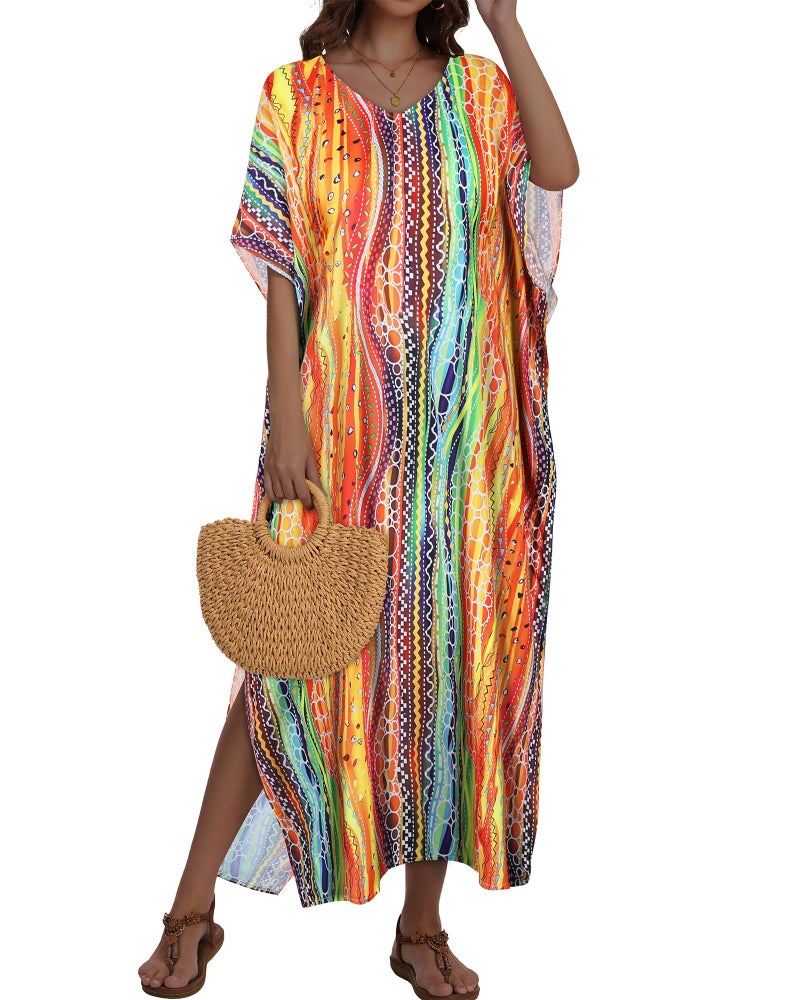 JILUVIN Kaftan Dresses for Women Plus Size V Neck Caftan Long Batwing Sleeve Swimsuit Cover Up Beach Swimwear (Colorful Circular Stripes,One Size) - Image 3