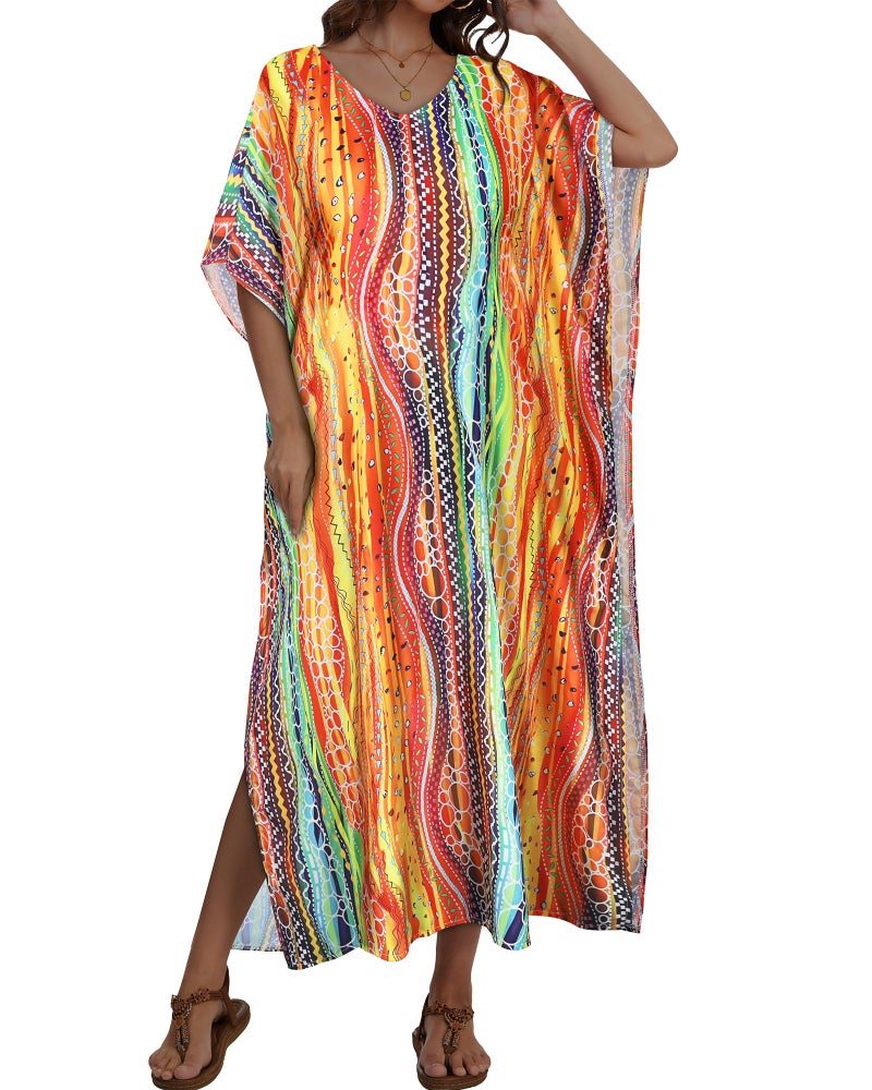 JILUVIN Kaftan Dresses for Women Plus Size V Neck Caftan Long Batwing Sleeve Swimsuit Cover Up Beach Swimwear (Colorful Circular Stripes,One Size) - Image 2