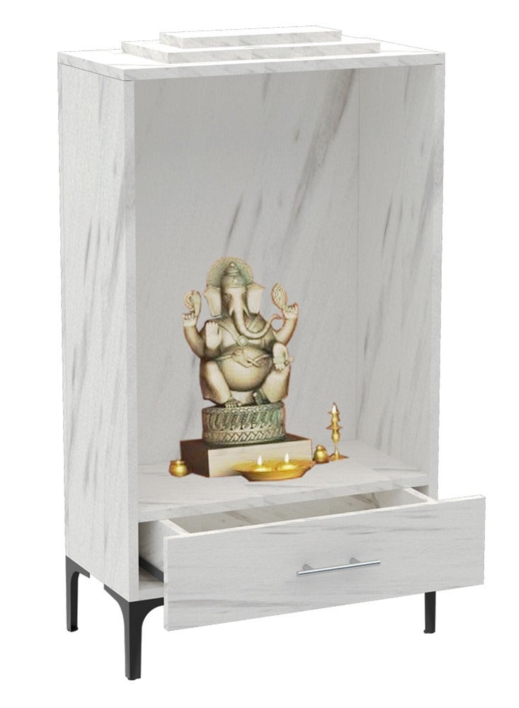 Mahmayi Modern Wooden Mandir, Temple with Single Drawer for Storage Pooja Essentials Sturdy Steel Legs Ideal for Home, Office, Temple - White Levanto Marble - Image 1