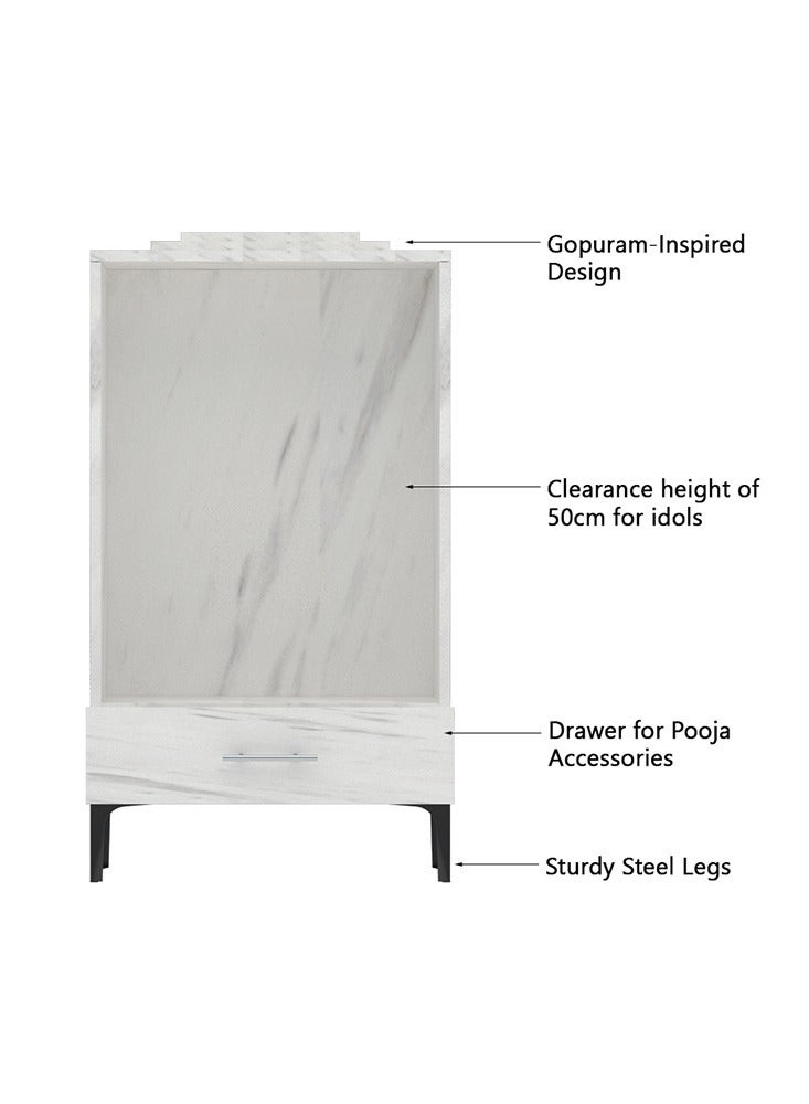 Mahmayi Modern Wooden Mandir, Temple with Single Drawer for Storage Pooja Essentials Sturdy Steel Legs Ideal for Home, Office, Temple - White Levanto Marble - Image 2