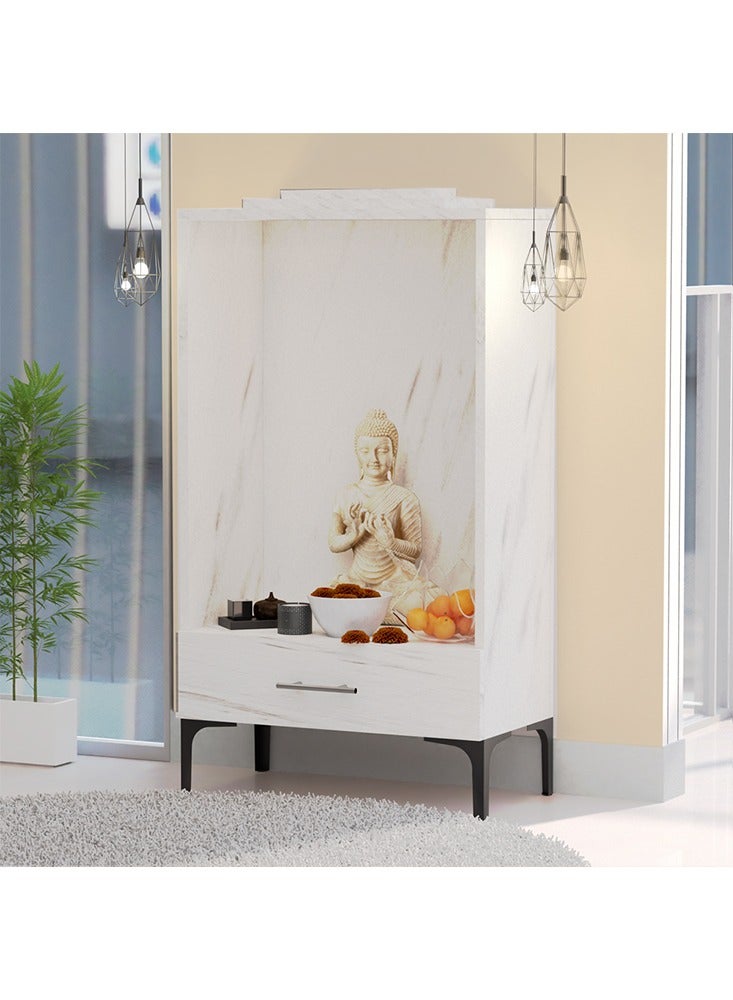 Mahmayi Modern Wooden Mandir, Temple with Single Drawer for Storage Pooja Essentials Sturdy Steel Legs Ideal for Home, Office, Temple - White Levanto Marble - Image 4