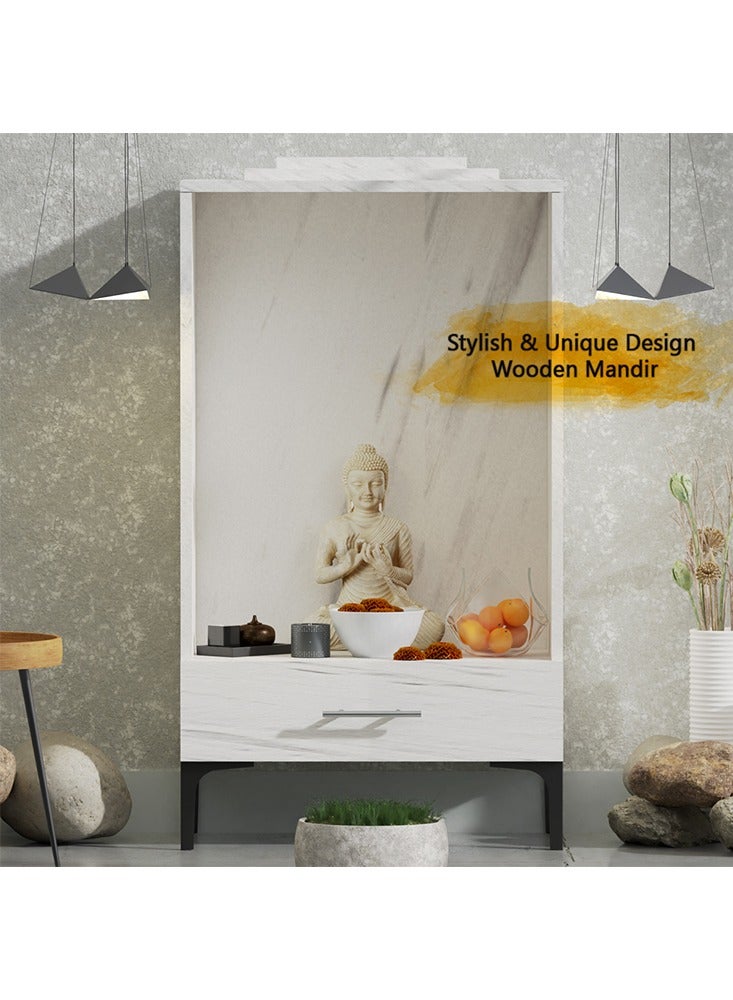 Mahmayi Modern Wooden Mandir, Temple with Single Drawer for Storage Pooja Essentials Sturdy Steel Legs Ideal for Home, Office, Temple - White Levanto Marble - Image 5