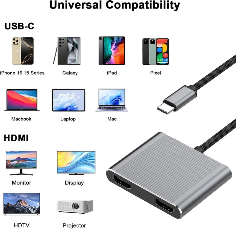 MICROWARE USB C to Dual HDMI Adapter,Dual Monitors Adapter 4K@60Hz Digital Sync Screen Connect Compatible with iPad Pro MacBook Pro, Chromebook Huawei Matebook, Dell XPS Series - Image 2