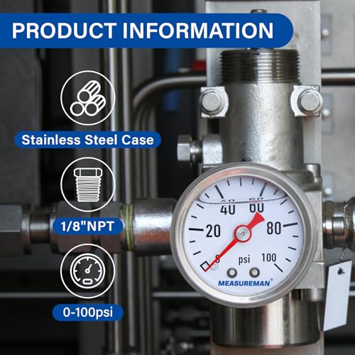 MEASUREMAN 1-1/2" Dial Size, 304 Stainless Steel case, Liquid Filled Fuel Pressure Gauge, 0-100Psi, 3-2-3%, 1/8" NPT Center Back Mount - Image 5
