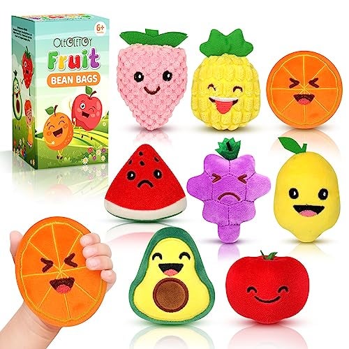 OLEOLETOY Sensory Toys for Kids, 8 Pack Mini Fruit Soft Stuffed Plush Toy for Girls or Boys as Party Decorations, Toddler Pretend Play Kitchen Food, Strawberry, Avocado, Pineapple and Orange - Image 1