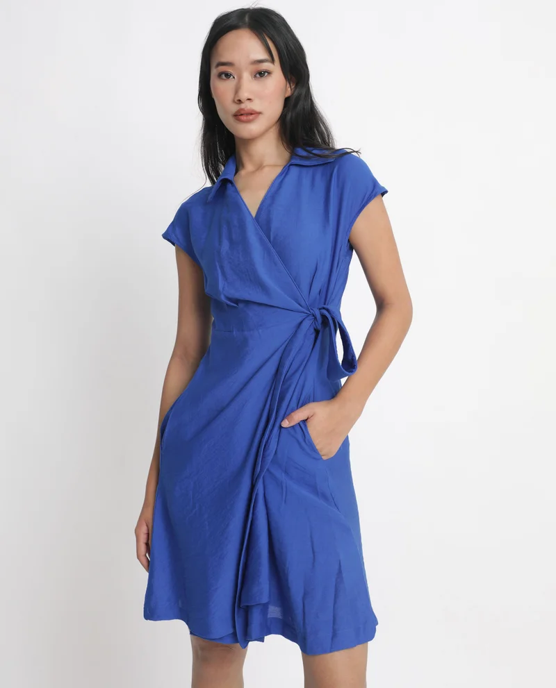 ريريزم Rareism Women Gesto Blue Viscose Nylon Fabric Short Sleeves Tie-Up Closure Drop Collar Extended Sleeve Regular Fit Plain Short Dress