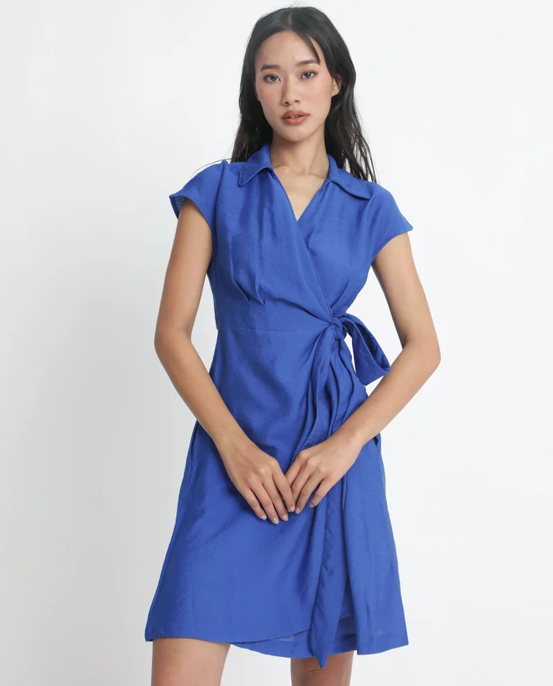 ريريزم Rareism Women Gesto Blue Viscose Nylon Fabric Short Sleeves Tie-Up Closure Drop Collar Extended Sleeve Regular Fit Plain Short Dress