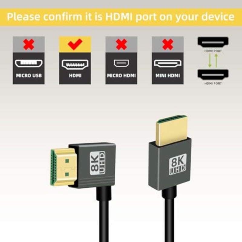 كابل ملفوف HDMI 90 درجة 8K إلى HDMI، زاوية قائمة 48 جيجابت في الثانية عالية السرعة ذكر إلى ذكر HDMI 2.1، يدعم HDR، 8K@60 هرتز، 4K@120 هرتز، متوافق مع كاميرات الفيديو والشاشات اليمنى - Image 5