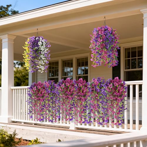 ZFProcess Fake Artificial Flowers for Outdoors, 4 Pcs Faux Hanging Pansy Flowers Spring Summer Decor, UV Resistant No Fade Fake Plants Silk Flower for Planter Front Door Porch Patio Yard Garden(Purple Rose Red) - Image 3