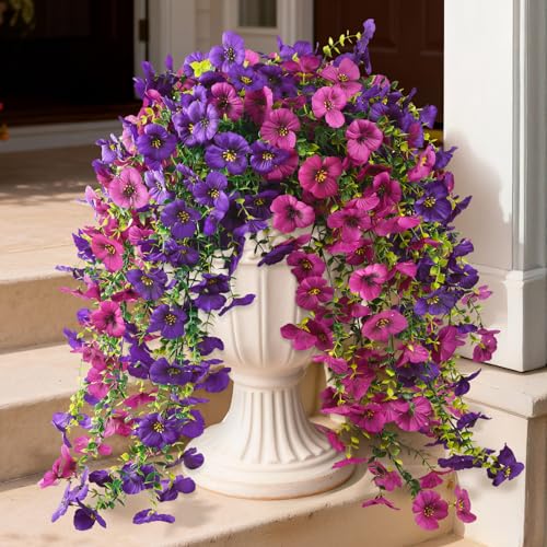 ZFProcess Fake Artificial Flowers for Outdoors, 4 Pcs Faux Hanging Pansy Flowers Spring Summer Decor, UV Resistant No Fade Fake Plants Silk Flower for Planter Front Door Porch Patio Yard Garden(Purple Rose Red) - Image 1