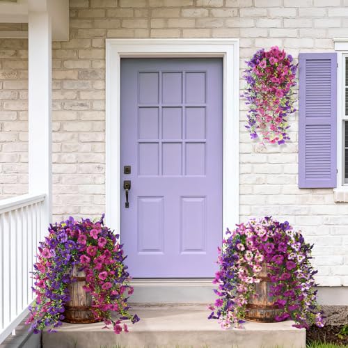 ZFProcess Fake Artificial Flowers for Outdoors, 4 Pcs Faux Hanging Pansy Flowers Spring Summer Decor, UV Resistant No Fade Fake Plants Silk Flower for Planter Front Door Porch Patio Yard Garden(Purple Rose Red) - Image 2