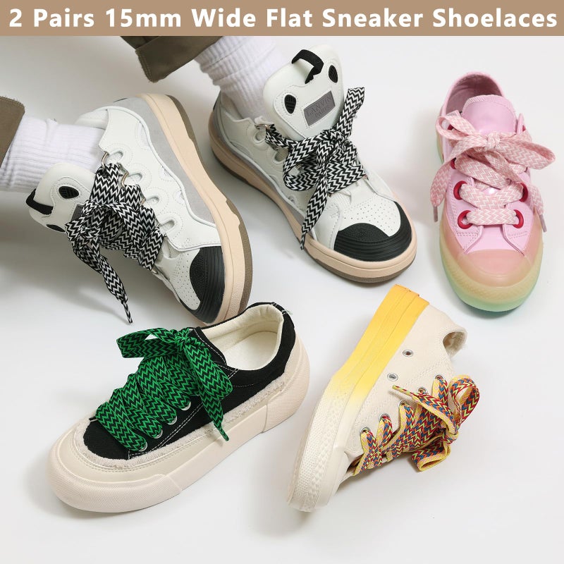 Handshop 2 pairs fat sneaker shoe laces, 3/5" wide thick flat shoelaces for basketball, tennis, sports shoes shoes Black white 140 - Image 5