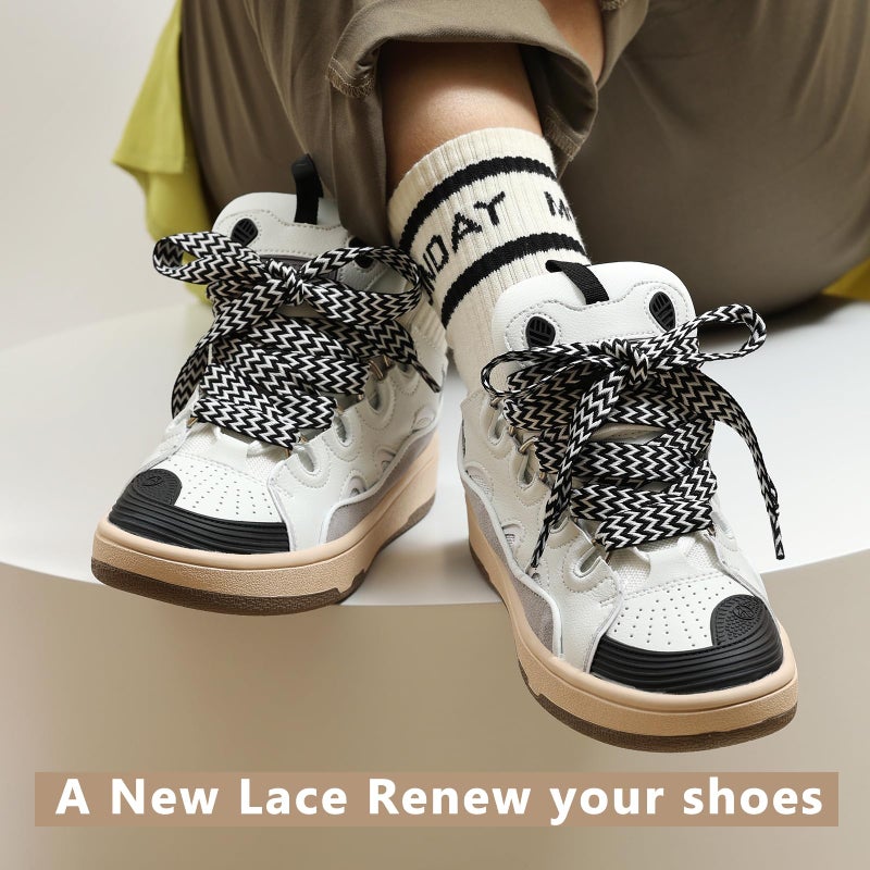 Handshop 2 pairs fat sneaker shoe laces, 3/5" wide thick flat shoelaces for basketball, tennis, sports shoes shoes Black white 140 - Image 3